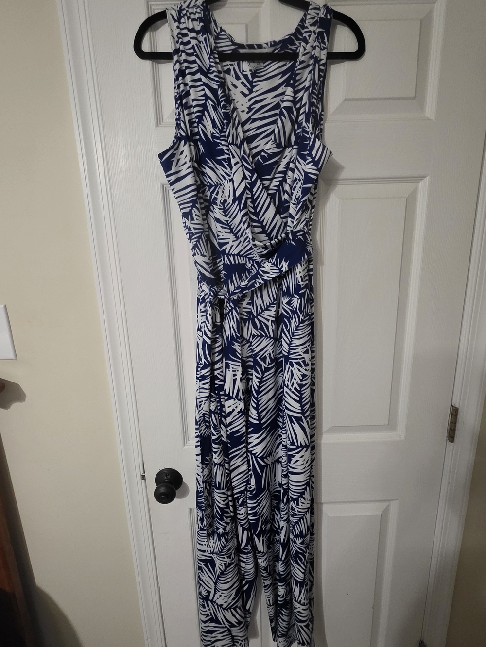 Navy and White Wide-Leg Sleeveless Jumpsuit with Wrap Bodice
